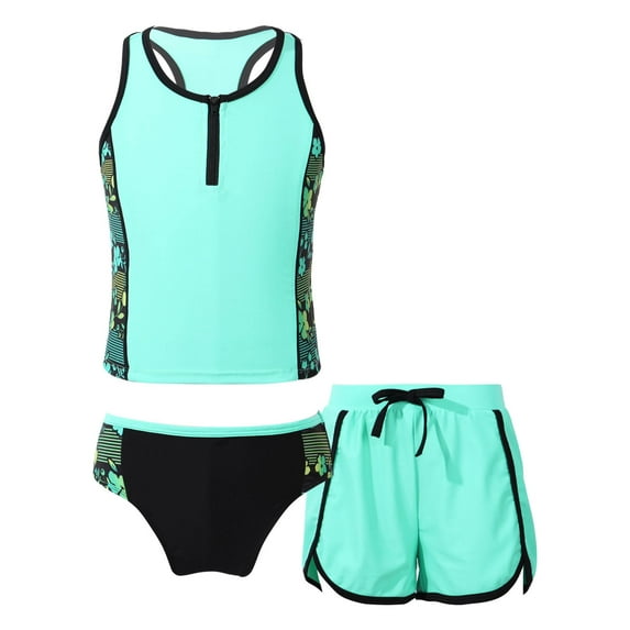 CHICTRY Girls 3Pcs Print Swimsuit Racer Back Tops with Shorts Briefs Set Beach Bathing Suit