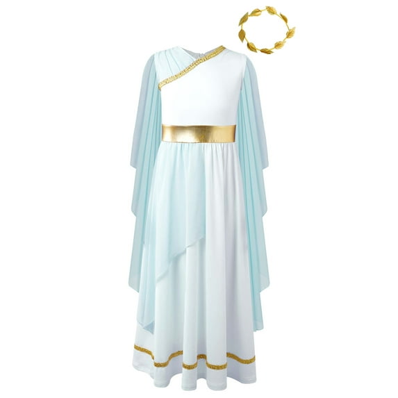 CHICTRY Girls Ancient Greek Nymph Toga Dress with Laurel Athenian Princess Dress-up for God of War Light Blue 10