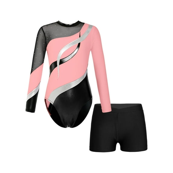 CHICTRY Girls Ballet Dance Leotard Gymnastics Bodysuit Long Sleeve Patchwork Figure Ice Skating Jumpsuit Pink-A 12