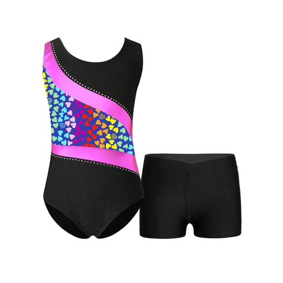 CHICTRY Girls Ballet Dance Set Youth Gymnastics Outfit Shiny Rhinestone Tank Leotard with Boxer Shorts Suit Rose Hearts 8