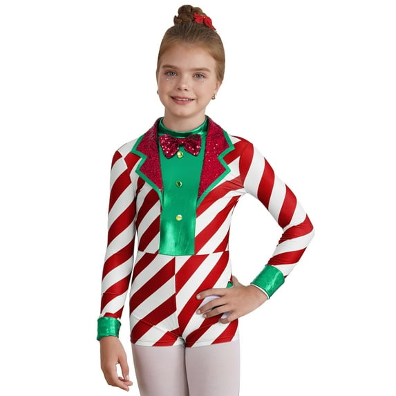 CHICTRY Girls Candy Cane Costume Teens Christmas Party Striped Bodysuit Long Sleeve Bow Sequins Dance Leotard A Red 10