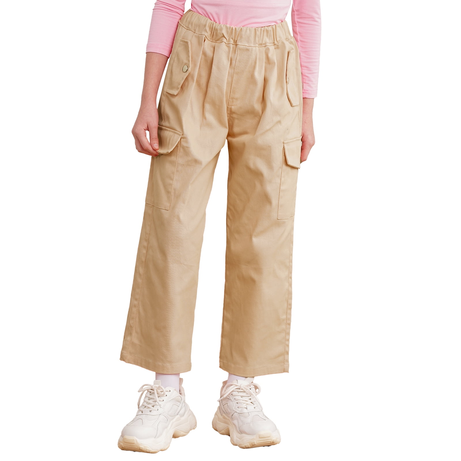 CHICTRY Girls Casual Jogger Cargo Pants Loose Fit Big Pockets Hip Hop Dance  Pants Sweatpants Khaki 14