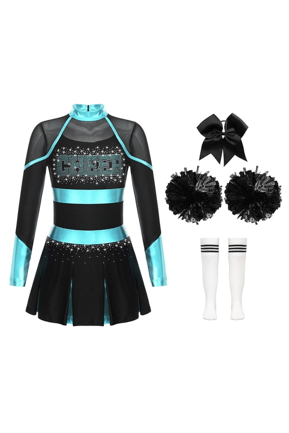 Girls Cheer Leader Outfit Long Sleeve Shiny Dance Dress with Hand Flowers Socks Blue Green&White 16
