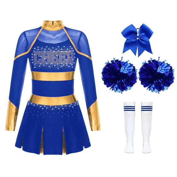 CHICTRY Girls Cheer Leader Sets for Festival Party Cheerleading Uniform Pleated Dress with Pom Pom A Blue 6
