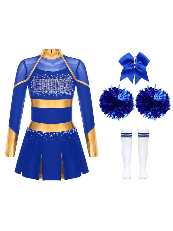 Girls Cheer Leader Sets for Festival Party Cheerleading Uniform Pleated Dress with Pom Pom A Blue 6