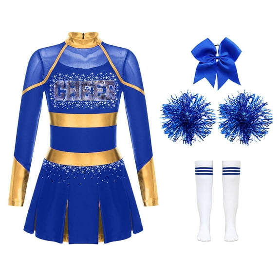 CHICTRY Girls Cheer Leader Sets for Festival Party Cheerleading Uniform Pleated Dress with Pom Pom B Blue 12
