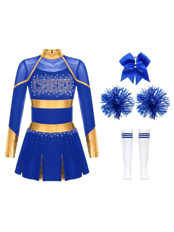 Girls Cheer Leader Sets for Festival Party Cheerleading Uniform Pleated Dress with Pom Pom B Blue 8