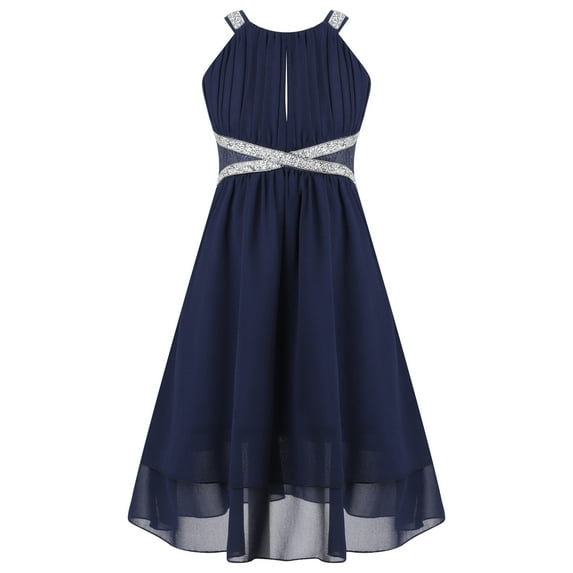 CHICTRY Girls Chiffon Party Dress Wedding Flower Girl Dress Halter Princess Cocktail Evening Dress A Navy Blue 14