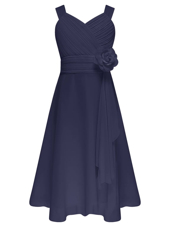 Girls Chiffon Sequins Birthday Party Proms Dress Pleated High-low Hem Flower Girls Dress Navy Blue-A 8