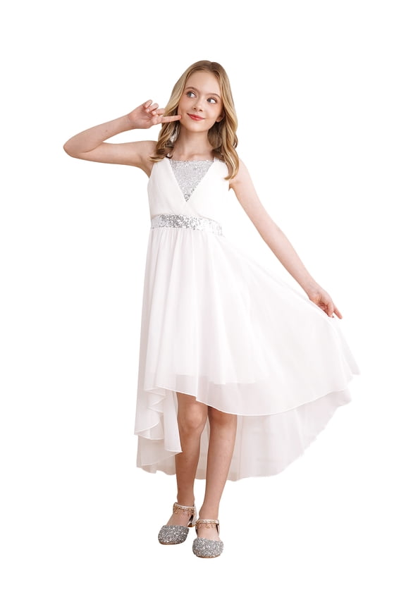 Girls Chiffon Sequins Birthday Party Proms Dress Pleated High-low Hem Flower Girls Dress Silver-B 4