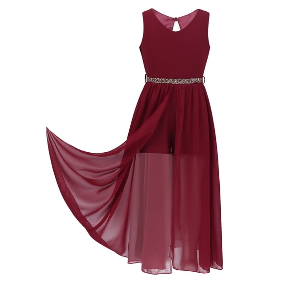 CHICTRY Girls Chiffon Short Dance Jumpsuit Romper Birthday Party Maxi Dress Burgundy 16