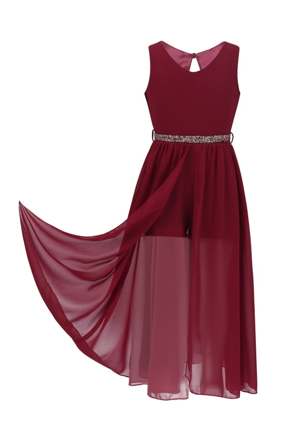 Girls Chiffon Short Dance Jumpsuit Romper Birthday Party Maxi Dress Burgundy 16