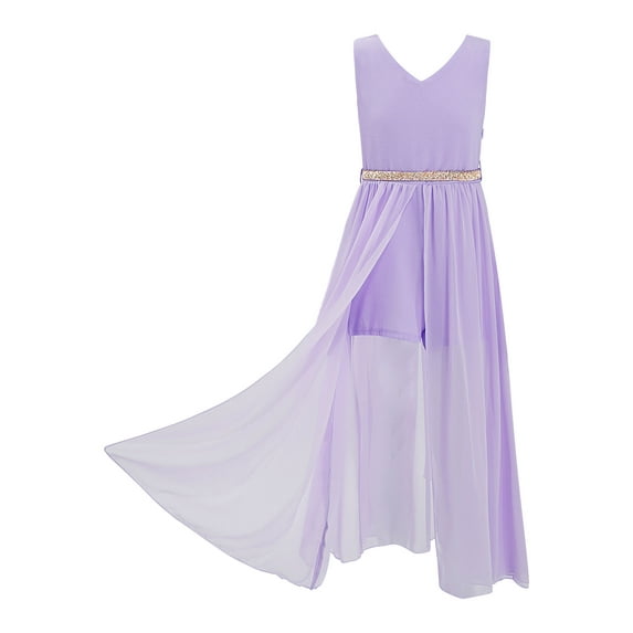 CHICTRY Girls Chiffon Short Dance Jumpsuit Romper Birthday Party Maxi Dress Lavender 12