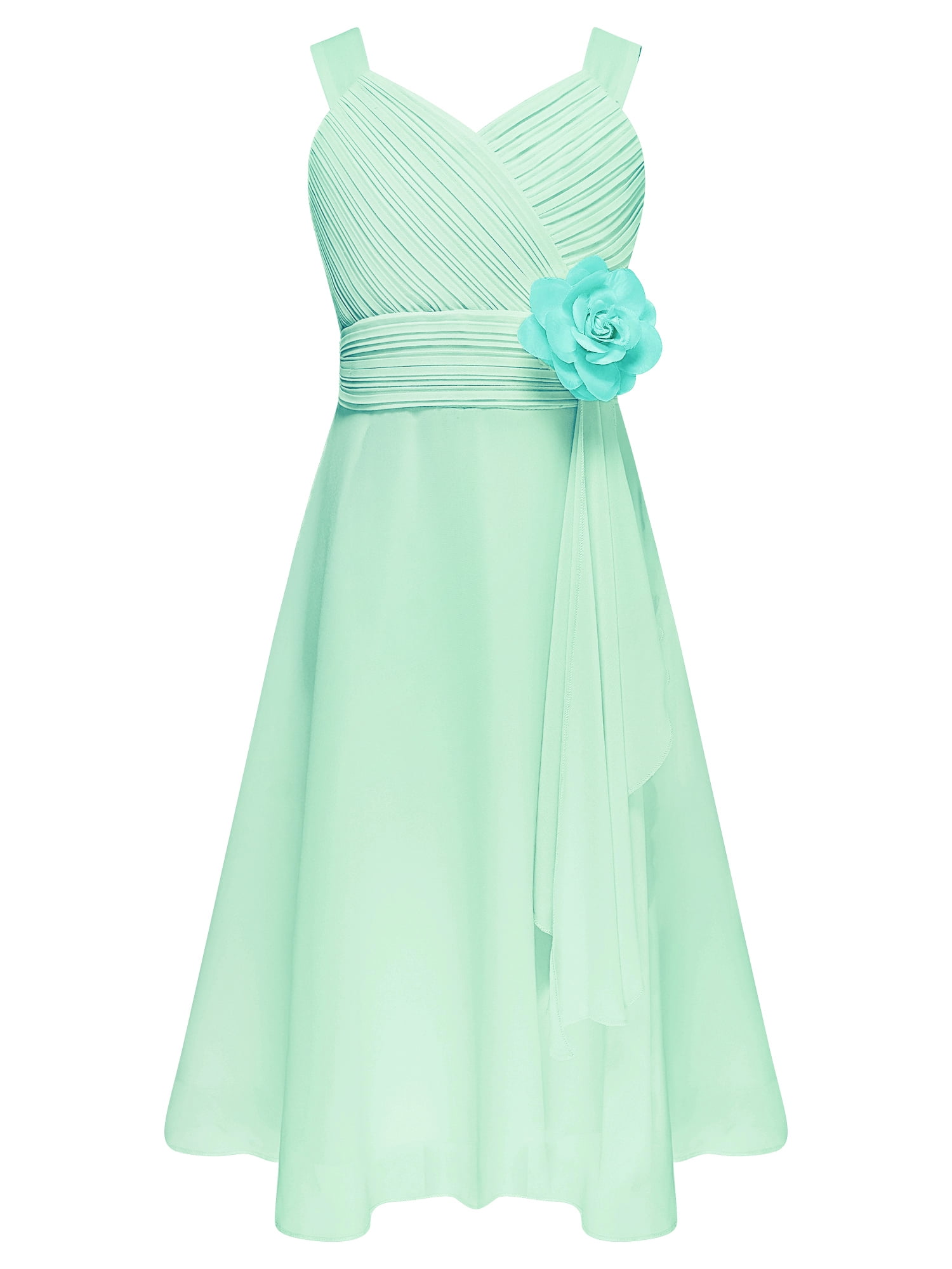 Chictry Girls Chiffon Sleeveless Formal Dress Juniors V Neck Bridesmaid Dress Cascading Ruffle Birthday Party Gown Mint Green 16