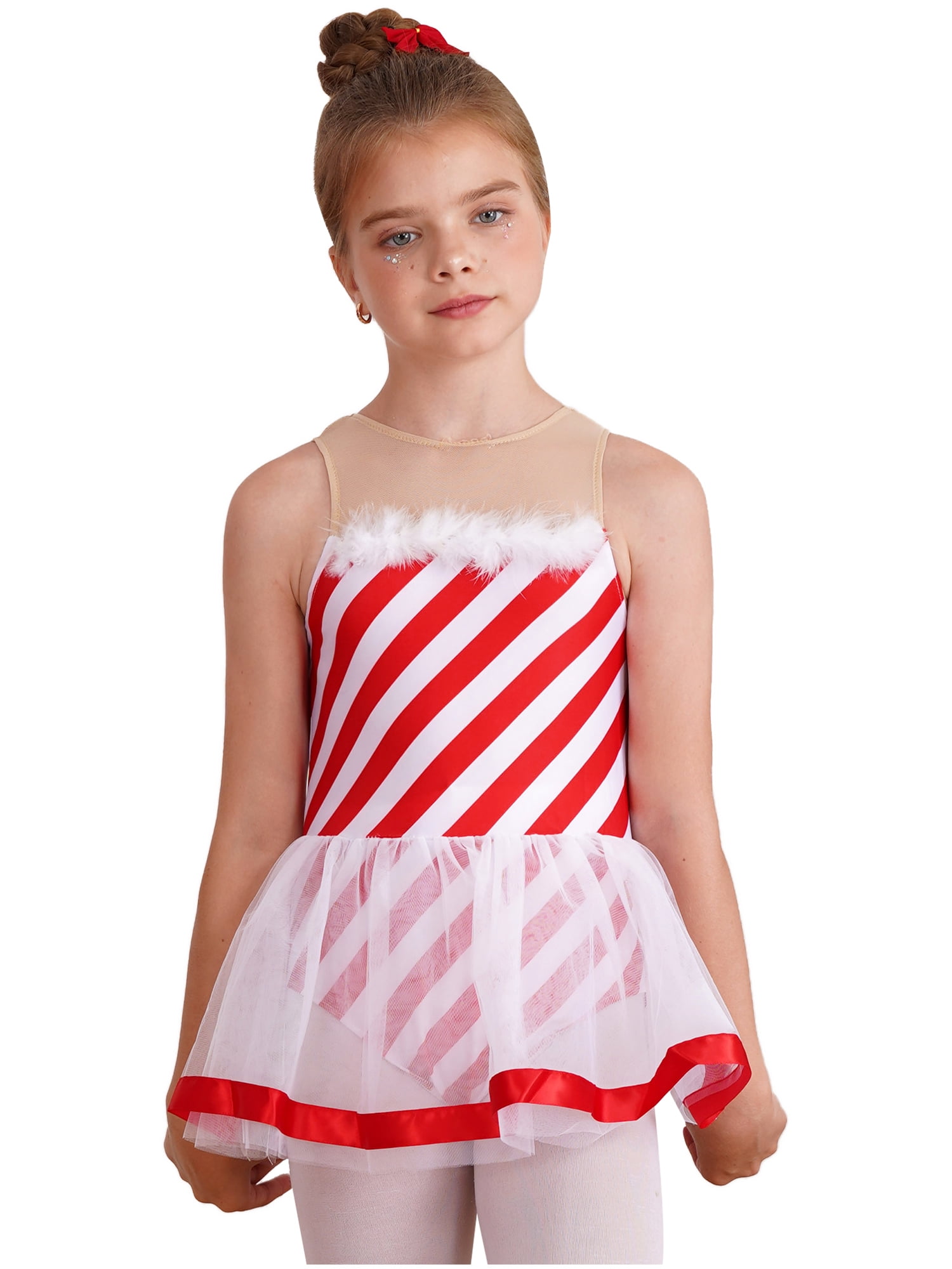 CHICTRY Girls Christmas Candy Cane Costume Fluffy Stripe Ballet Dance
