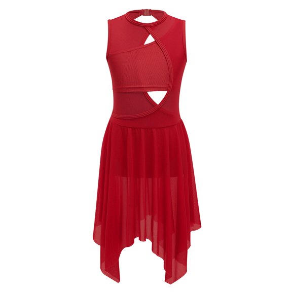 CHICTRY Girls Cut Out Ballet Leotard Dress Mesh Tulle Asymmetrical Hem Lyrical Modern Dance Costume Red 6