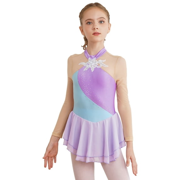 CHICTRY Girls Figure Ice Skating Dress Sequins Floral Long Sleeve Dance Competition Gymnastics Skirted Leotard A Light Purple 8