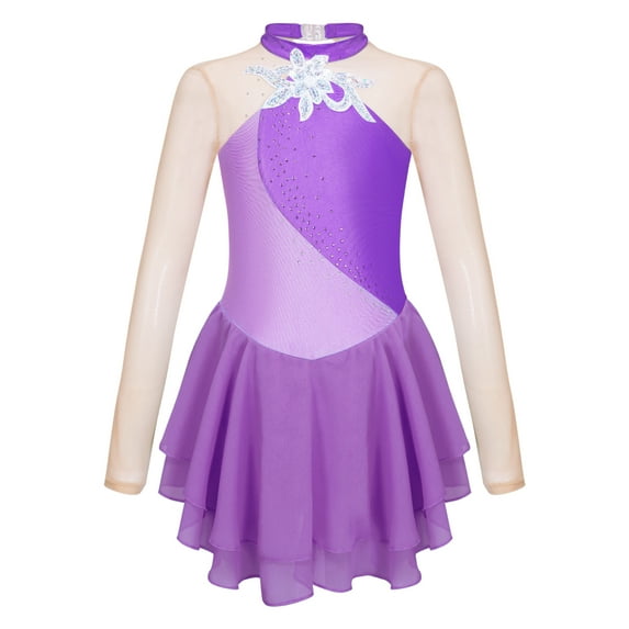 CHICTRY Girls Figure Ice Skating Dress Sequins Floral Long Sleeve Dance Competition Gymnastics Skirted Leotard Purple 16