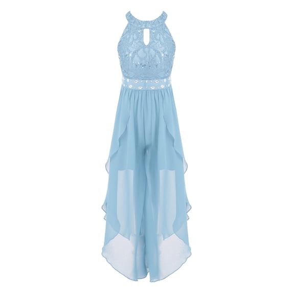 CHICTRY Girls Floral Lace Rhinestone Maxi Romper Dress for Birthday Wedding Party Sky Blue 8