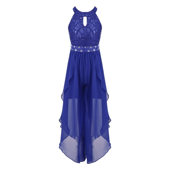 CHICTRY Girls Floral Lace Rhinestone Maxi Romper Dress for Birthday Wedding Party Royal Blue 14