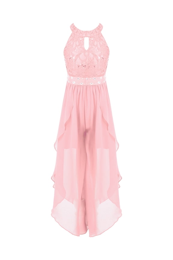 Girls Floral Lace Rhinestone Maxi Romper Dress for Birthday Wedding Party