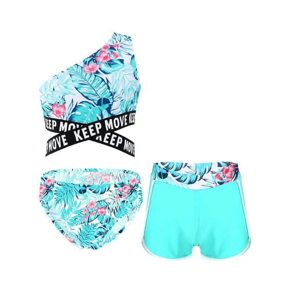 CHICTRY Girls Flowers Print 3Pcs Swimsuit Single Shoulder Criss Cross Waistline Tops with Shorts Briefs Set for Beach Pool Swimming Leaf 14
