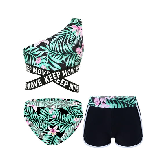 CHICTRY Girls Flowers Print 3Pcs Swimsuit Single Shoulder Criss Cross Waistline Tops with Shorts Briefs Set for Beach Pool Swimming Lily 16
