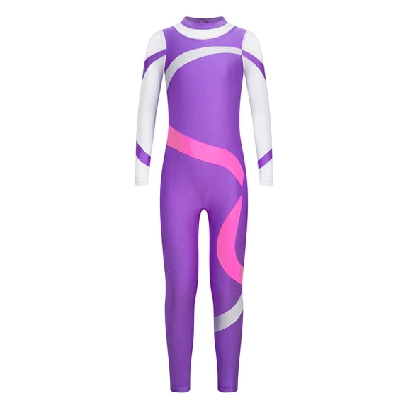 CHICTRY Girls Full Body Long Sleeve Unitard Sparkly One Piece Gymnastics Dance Leotard Purple 16