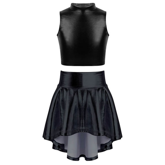 CHICTRY Girls Glossy Metallic Crop Tank Top with Pleated Skirt Teens Juniors Jazz Hip Hop Dance Performance Costume Black 10