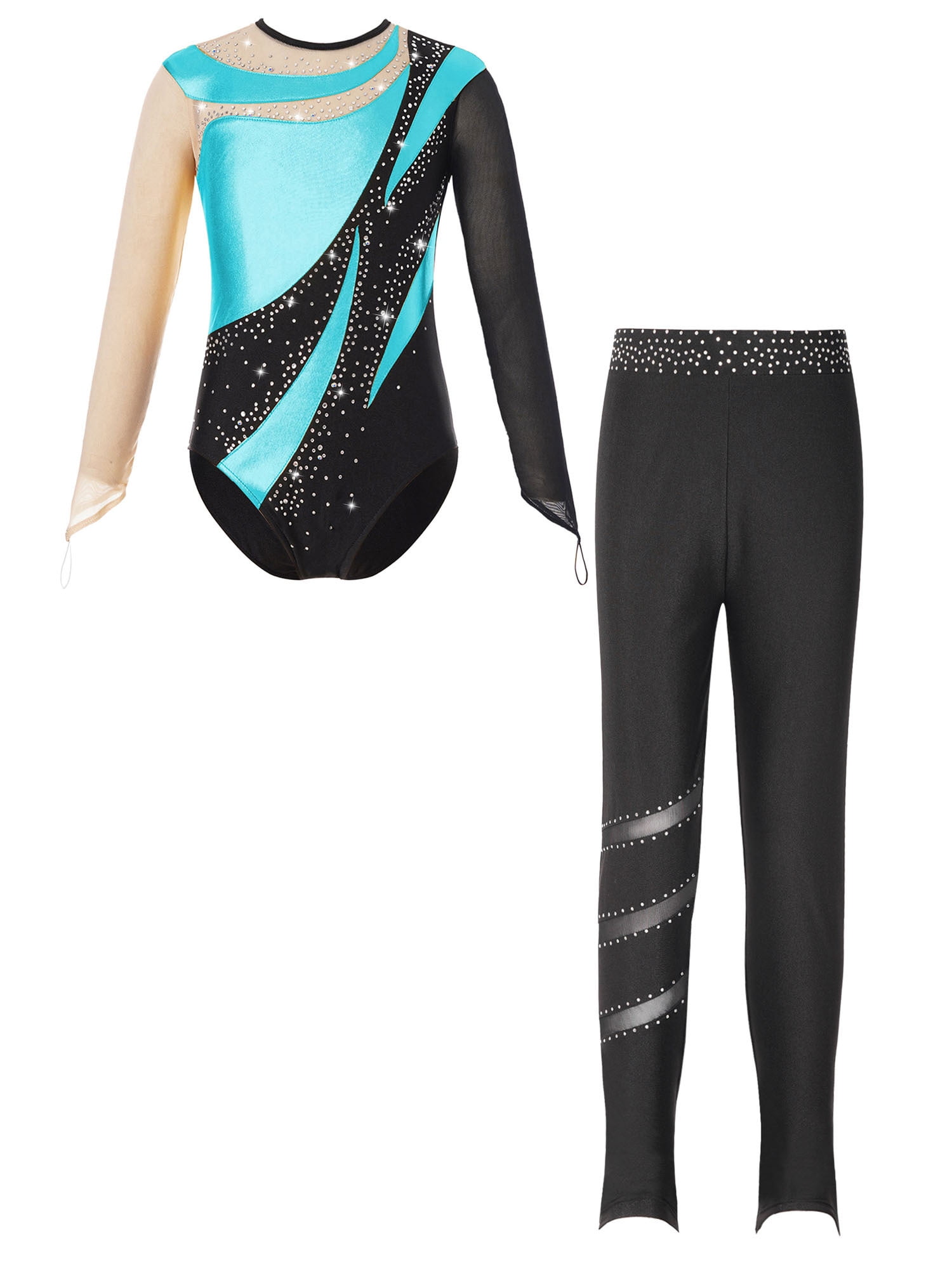 Chictry Girls Gymnastic Acrobatic Dance Outfit Set Metallic Mesh Patchwork Leotard With Skating 