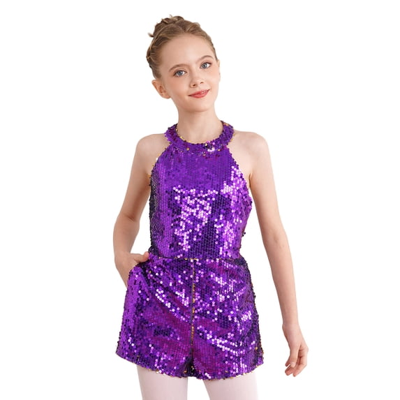 CHICTRY Girls Halter Neck Sparkle Sequins Romper Backless Pageant Banquet Dress Up Formal Suit Jumpsuit Purple 10