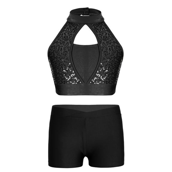 CHICTRY Girls Jazz Hip Hop Dance Teamwear Halter Neck Sparkle Sequins Crop Top with Shorts Dance Outfit Black 8