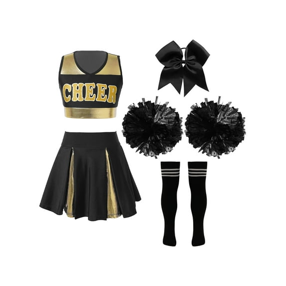 CHICTRY Girls Juniors Cheer Leader Uniform Halloween Role Play Fancy Dress Crop Top with Pleated Skirt Cheers Dance Outfit A Black&White 10