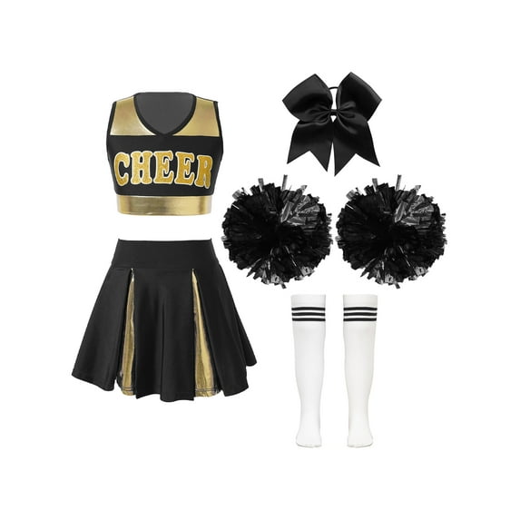 CHICTRY Girls Juniors Cheer Leader Uniform Halloween Role Play Fancy Dress Crop Top with Pleated Skirt Cheers Dance Outfit A White&Black 6