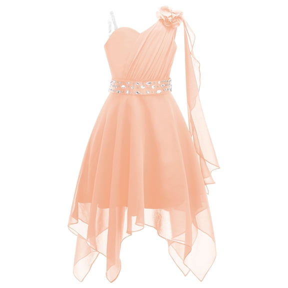 CHICTRY Girls Juniors Chiffon One Shoulder High-Low Hem Flower Girls Birthday Party Dress with Rhinestone Sash