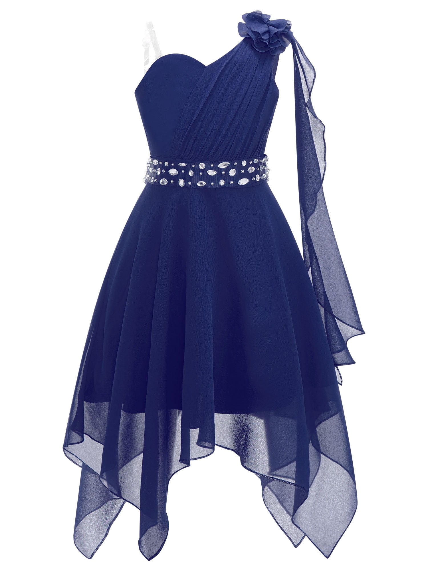 Girls Blue One Shoulder Fit & Flare Party Wear Dress With 3D Flowers Appliques