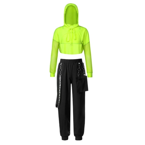 CHICTRY Girls Juniors Sportswear Cropped Hoodie Sweatshirt with Cargo Pants Activewear Street Dance Outfit Fluorescent Green 14
