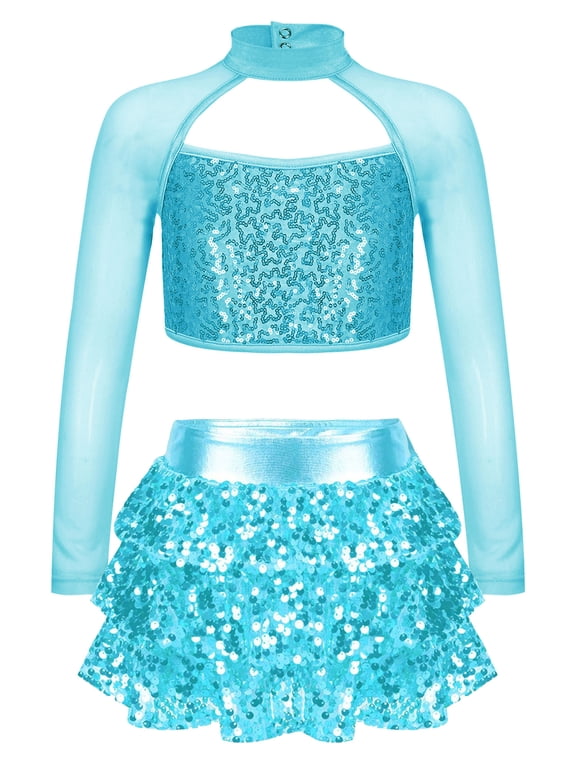 Girls Latin Jazz Dance Outfit Shiny Sequins Long Sleeve Crop Top with Tiered Culottes Dancewear Lake Blue 6