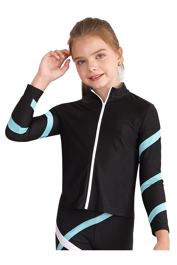 Girls Long Sleeve Athletic Coat Tops Teens Juniors Stripes Zipper Front Sports Jacket Light Blue 6