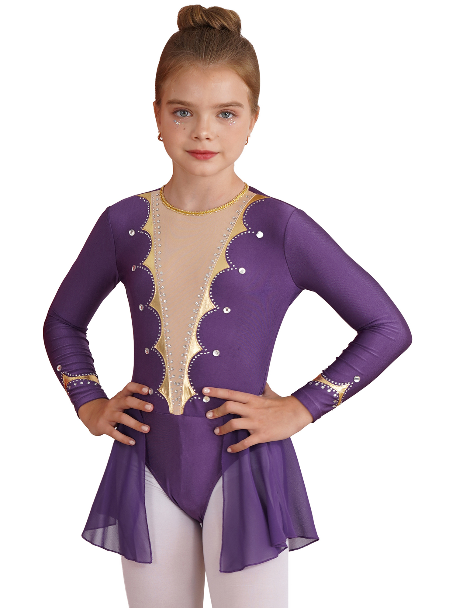 CHICTRY Girls Long Sleeve Figure Skating Jumpsuit Shiny Rhinestones