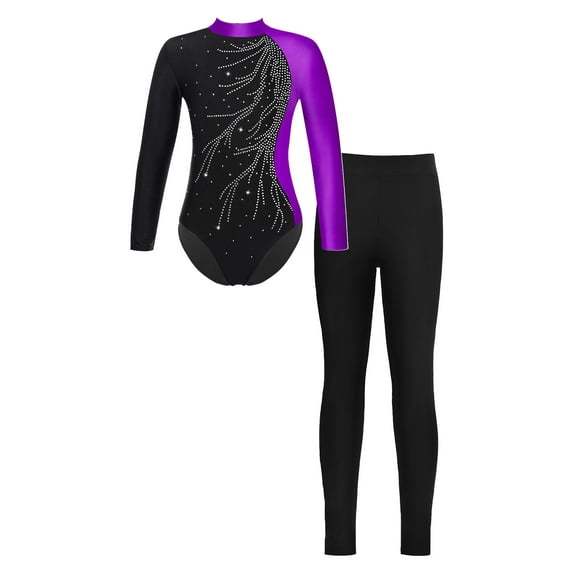 CHICTRY Girls Long Sleeve Gym Suit Shiny Rhinestone Leotard with Leggings Activewear 2Pcs Dance Sports Outfit Purple&Black 16