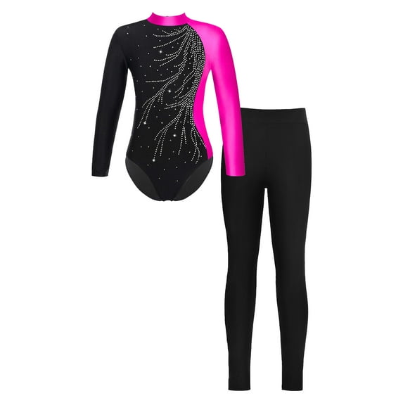 CHICTRY Girls Long Sleeve Gym Suit Shiny Rhinestone Leotard with Leggings Activewear 2Pcs Dance Sports Outfit Rose&Black 16
