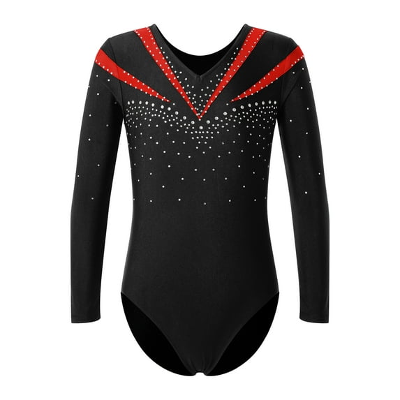 CHICTRY Girls Long Sleeve Gymnastics Workout Training Jumpsuit Shiny Rhinestone Figure Ice Skating Bodysuit Ballet Dance Leotard Red 16