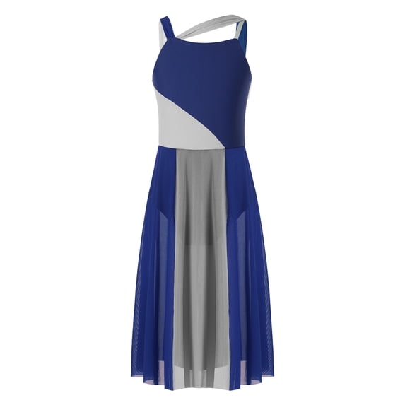 CHICTRY Girls Mesh Color Contrast Dance Dress Sleeveless Ballet Lyrical Dance Stage Performance Camisole Leotard A Blue 6
