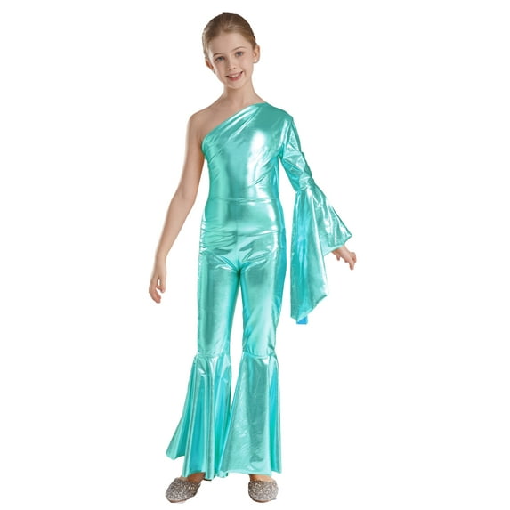 CHICTRY Girls Metallic Bell-Bottom Dance Jumpsuit Carnival Party Performance Outfit One Shoulder Latin Dance Bodysuit Blue Green 16