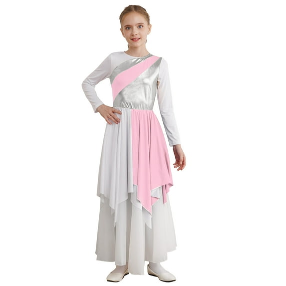 CHICTRY Girls Metallic Bodice Lyrical Dance Dress Bronzing Asymmetrical Hem Church Liturgical Praise Dance Dress Pink 14