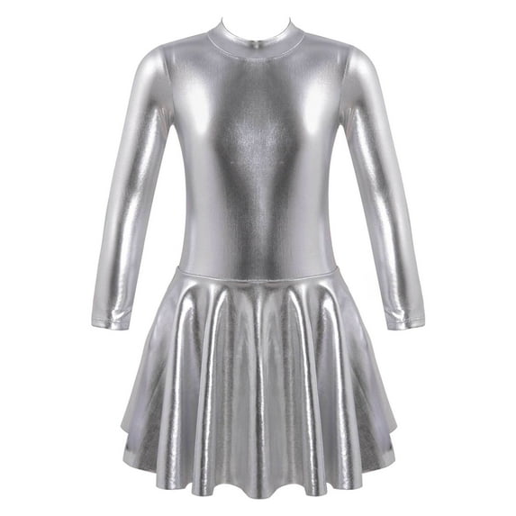 CHICTRY Girls Metallic Long Sleeve Pleated Dance Dress Shiny Bronzing Jazz Hip Hop Performance Dancewear A Silver 16