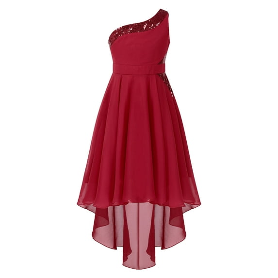 CHICTRY Girls One Shoulder Chiffon Bridesmaid Dress Sleeveless Pleated Wedding Birthday Party Gown Burgundy 10