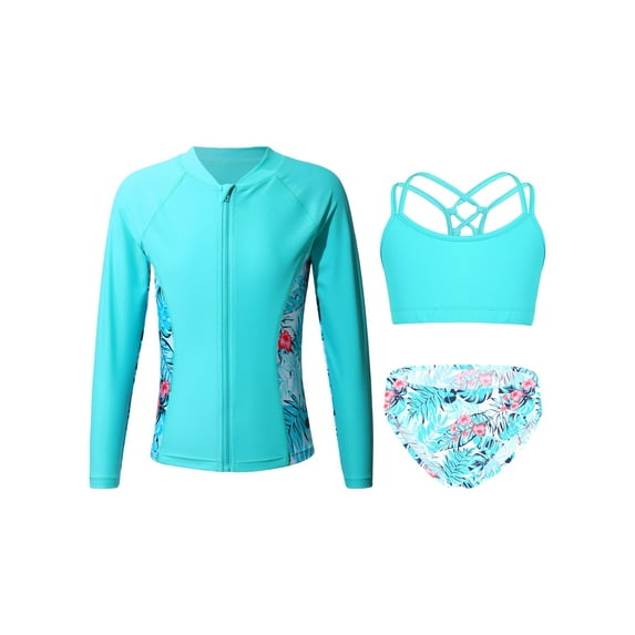 CHICTRY Girls Rash Guard Set Long Sleeve Zipper Tops with Strappy Crop Top Briefs for Beach Pool Swimming A Leaf 14