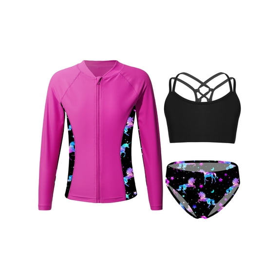 CHICTRY Girls Rash Guard Set Long Sleeve Zipper Tops with Strappy Crop Top Briefs for Beach Pool Swimming Night Pegasus 8